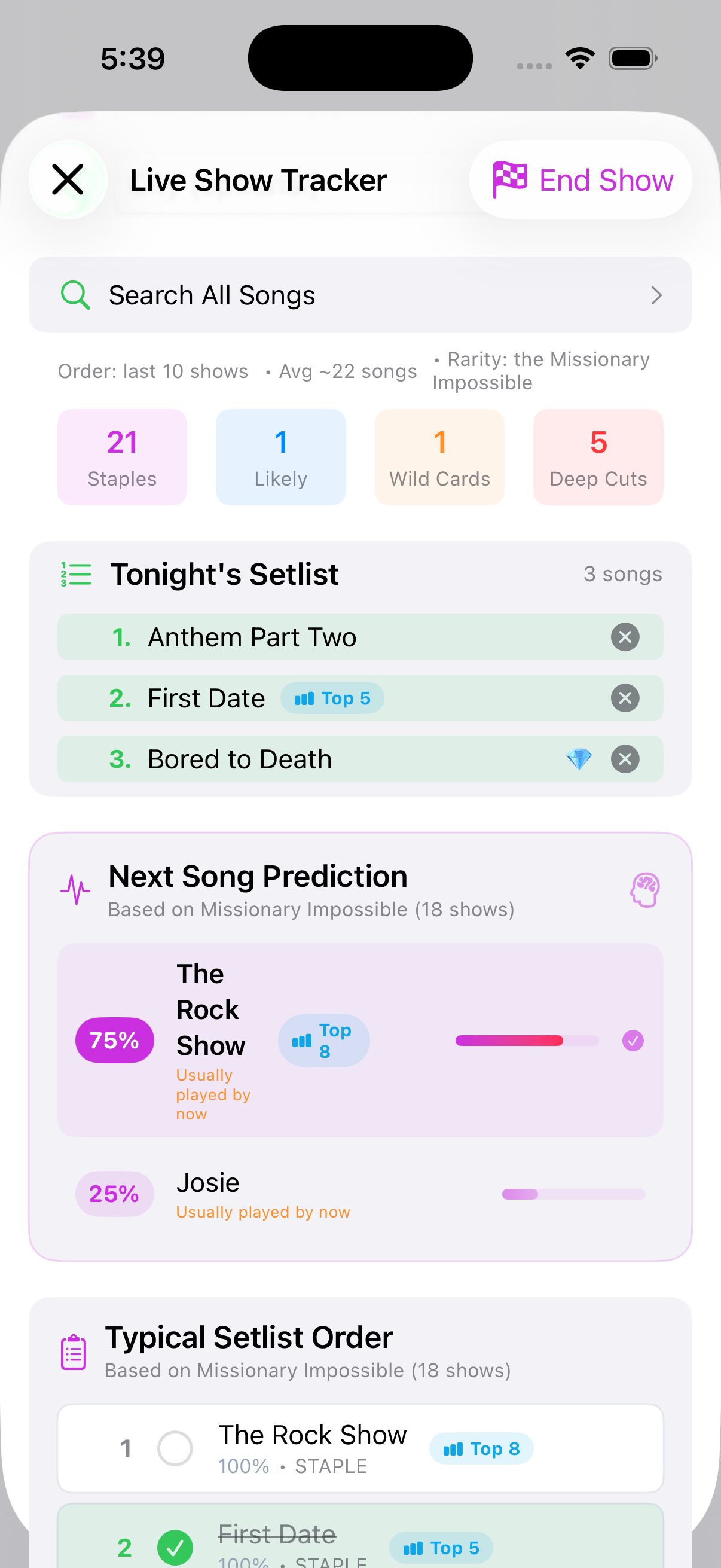 At The Show concert app predicting the next song with probability percentages