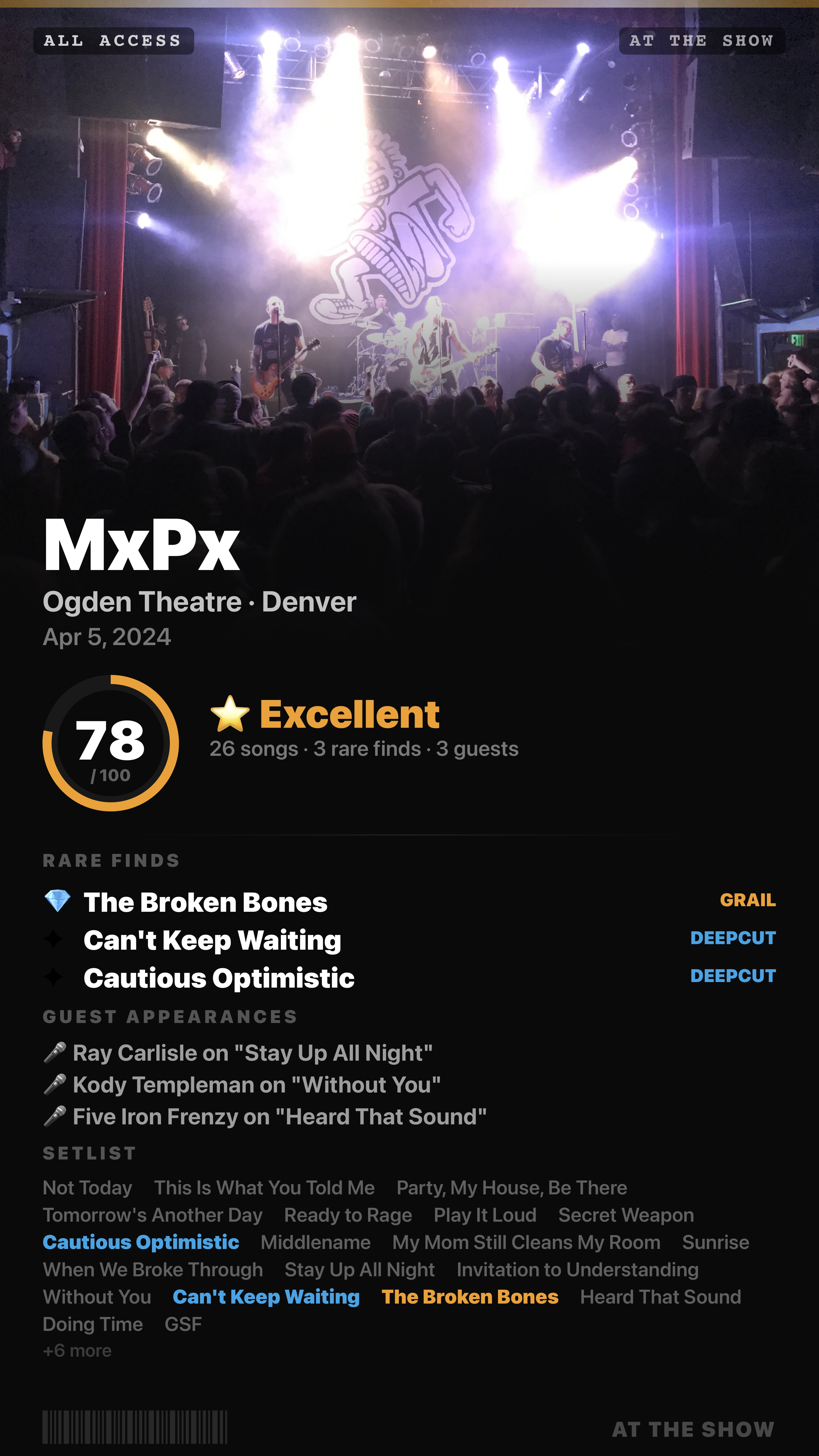 At The Show concert app generating a branded share card with score and rare songs
