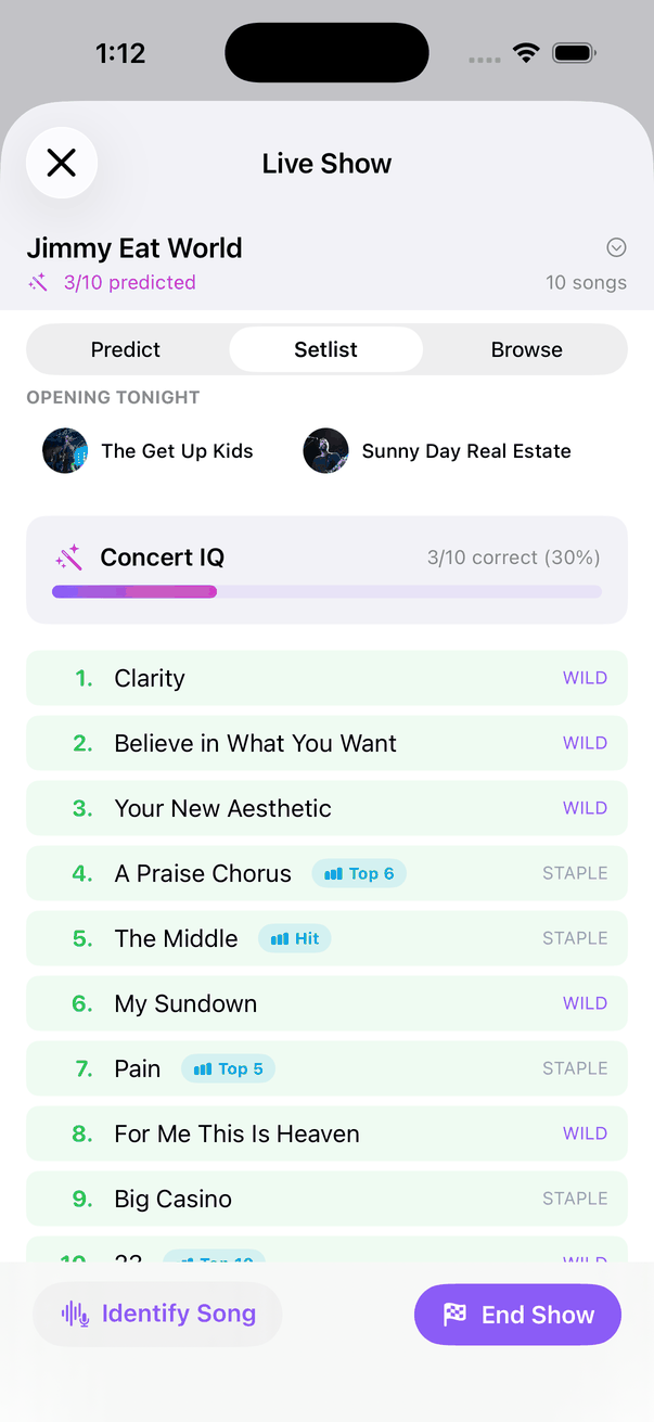 Live Show Setlist tab for a Jimmy Eat World concert: a numbered setlist with each song tagged WILD or STAPLE, Top-hit badges on songs like A Praise Chorus and The Middle, and a Concert IQ bar reading 3 of 10 correct.