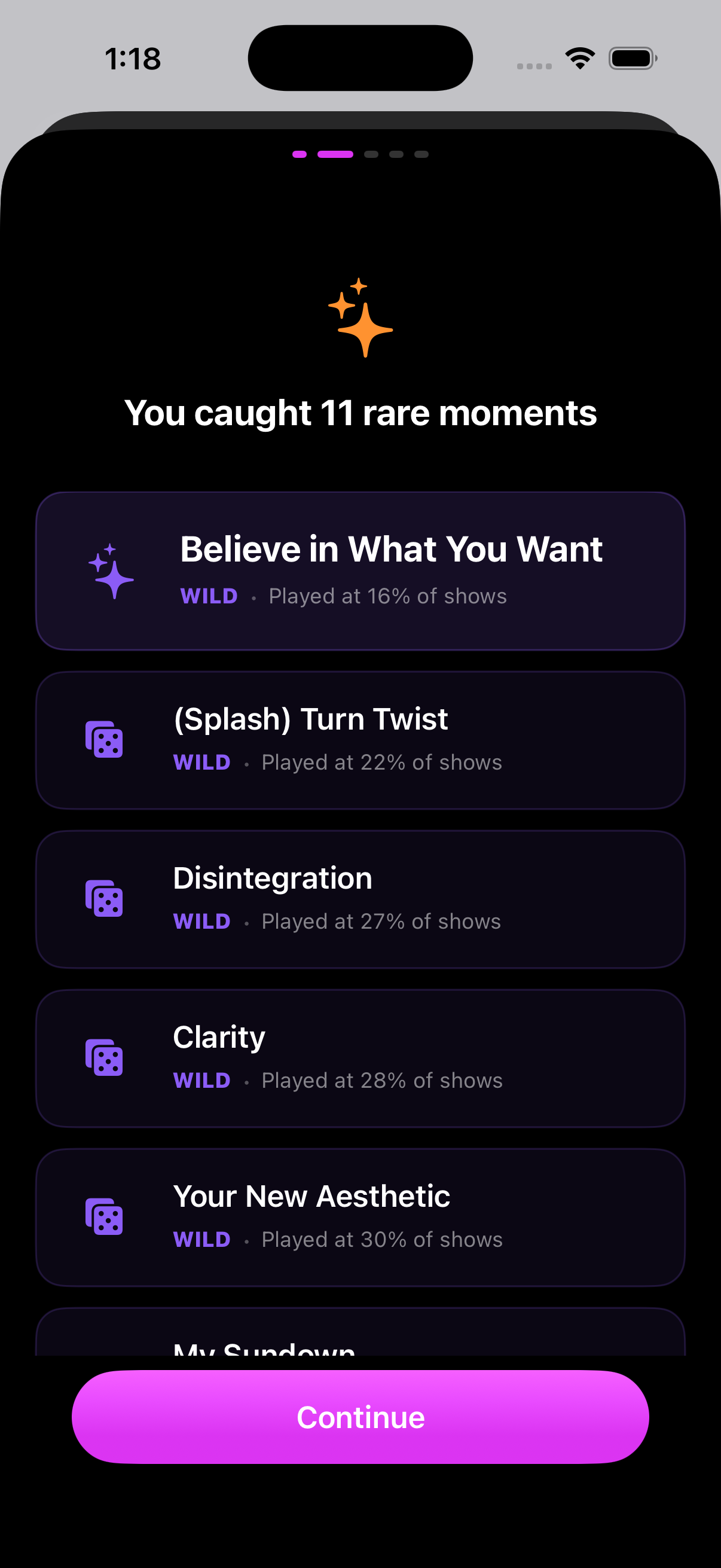 At The Show app showing rare songs caught at a concert with Unicorn and Grail rarity tiers