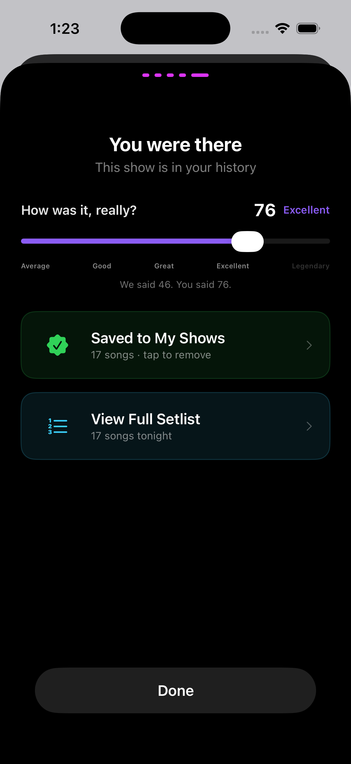 At The Show app comparing its computed show score against the fan's own rating of the night