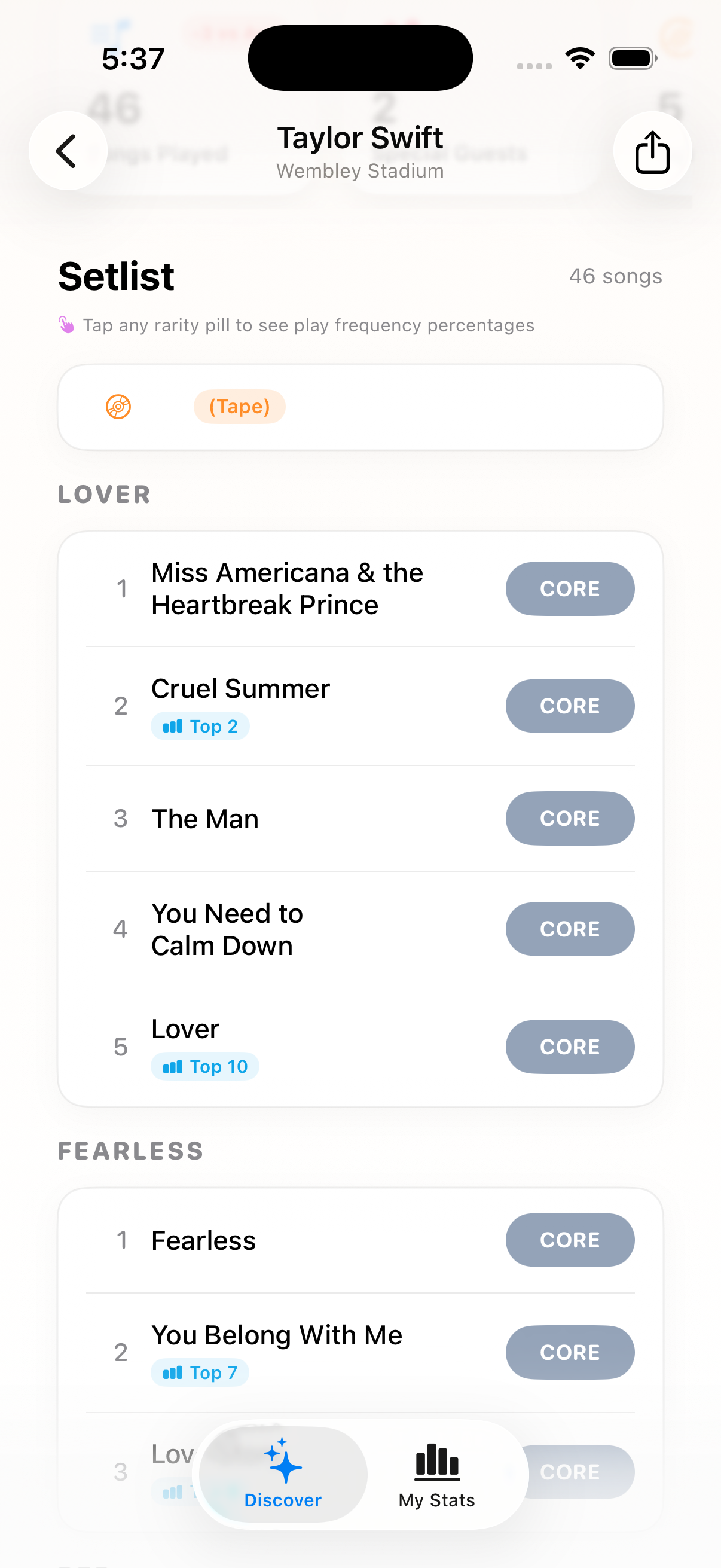 At The Show app showing a live setlist with color-coded song rarity tiers