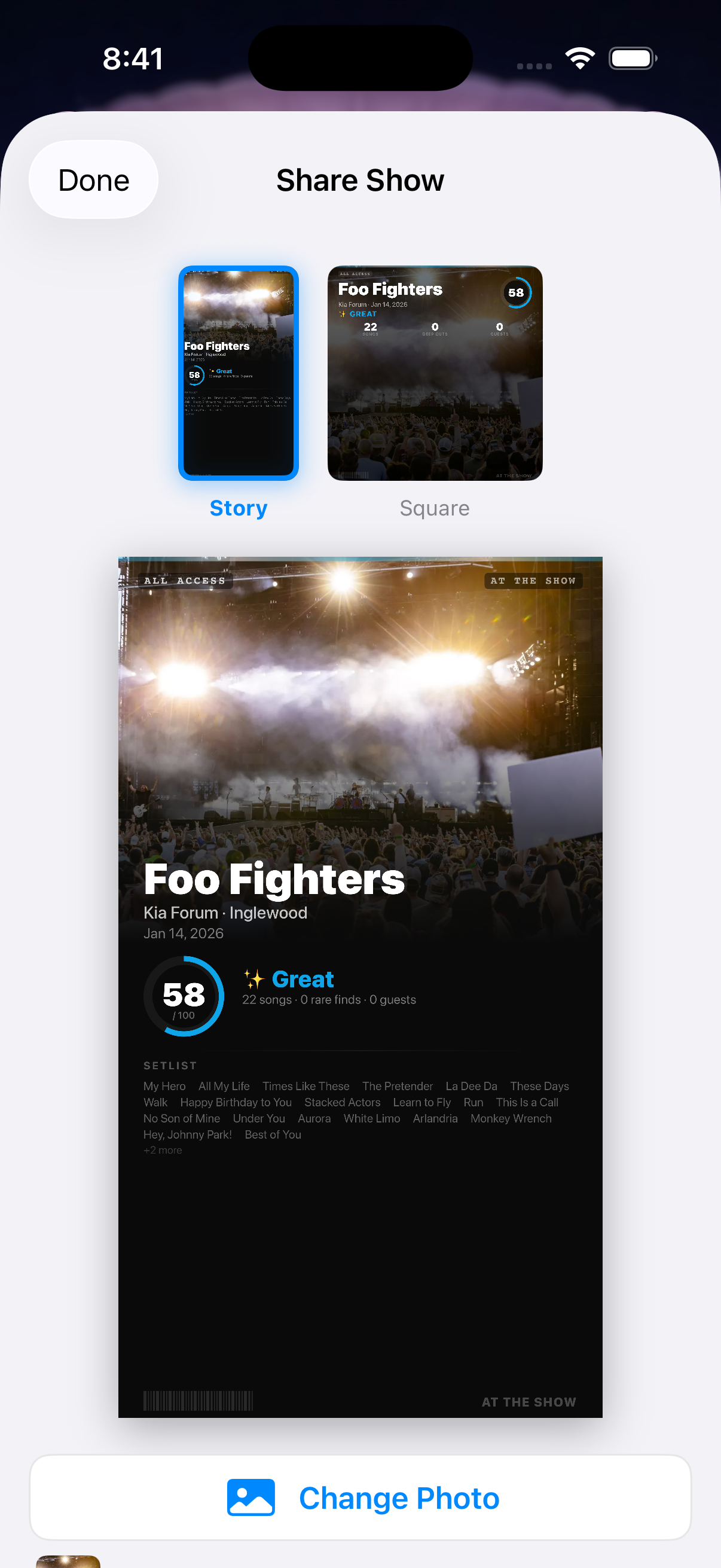 At The Show app generating a shareable concert card with score and rare songs